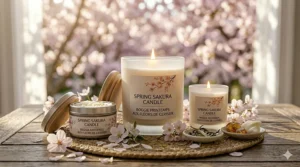 Visual breakdown of scent notes including sakura petals, white tea, and soft musk for a cherry blossom candle.
