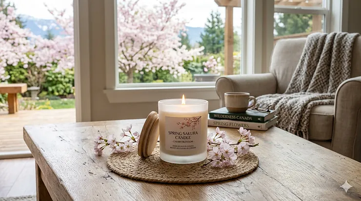 A premium pink cherry blossom candle on a wooden coffee table in a sunlit Canadian living room during spring.