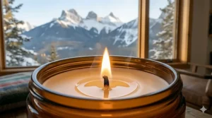 Close-up illustration of a clean-burning cotton wick in a non-toxic soy candle, highlighting the absence of black soot.