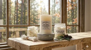Eco-friendly clean burning soy candle; bougie longue durée (100+ heures) with lead-free cotton wicks and natural wax ingredients.