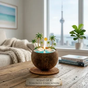 Stylized photorealistic illustration of a coconut candle flame transforming into a vibrant miniature tropical beachscape, with the CN Tower and Toronto skyline visible through a window, evoking a summer staycation.
