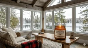 A bright Muskoka sunroom in Canada with a bilingual pine and fresh air scented candle, wicker furniture, and a plaid blanket.