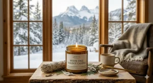 A white sage smudge candle burning near a window with a snowy Canadian landscape visible in the background, promoting indoor wellness.