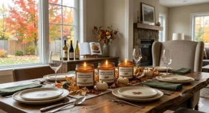 An inviting Canadian dining table with a trio of bilingual herbal scented candles, a dynamic autumn runner, and maple leaf patterned plates.