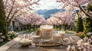 Illustration showing the clean-burning soy wax and floral botanical elements of a cherry blossom candle.