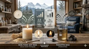 Illustration showing the eco-friendly benefits of non-toxic soy wax compared to paraffin, labeled in English and French.