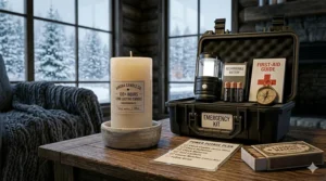 A reliable emergency light source: 100+ hour long lasting candles displayed next to a winter power outage preparedness kit in a Canadian home.