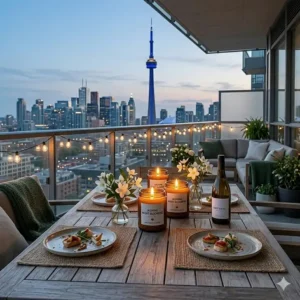 Evening patio setting in Toronto featuring jasmine night blooming candles providing a soft glow for outdoor summer entertaining.