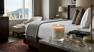 A minimalist illustration of a grand hotel lobby in Montreal, featuring candles that smell like expensive hotels and fresh botanicals.