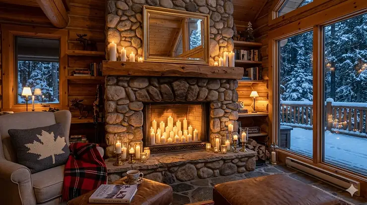 A cozy Canadian living room featuring a stone fireplace filled with smokeless pillar candles, providing a warm glow without the soot.