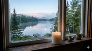 A lemon verbena scented candle flickering near a window overlooking a misty Muskoka lake or Canadian forest.