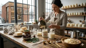 A local Canadian artisan pouring wax into jars, showcasing the craft of Canadian made candles.