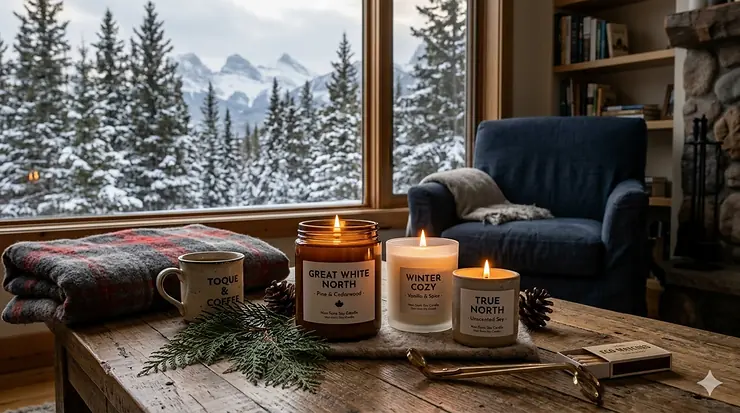 A cozy Canadian living room featuring hand-poured non-toxic soy candles on a wooden table with a view of snow-capped mountains. Bougies de soja non toxiques.