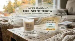 Infographic explaining high scent throw in luxury candles for large Canadian living spaces and open-concept homes.