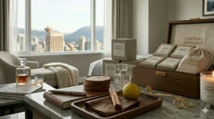 A flat-lay illustration of sandalwood, bergamot, and leather—the core notes of candles that smell like expensive hotels in Canada.