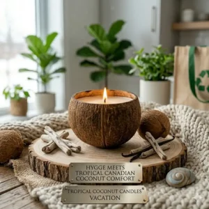 A close-up photorealistic photograph blending Canadian "Hygge" with tropical elements: a lit coconut shell candle rests on a raw wood slice and a textured wool blanket, with a brass plaque reading "HYGGE MEETS TROPICAL CANADIAN COCONUT COMFORT."