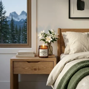 Minimalist bedroom setup featuring a jasmine night blooming candle to promote relaxation and wellness during long Canadian winters.