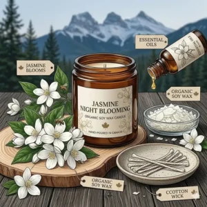 Botanical illustration of night-blooming jasmine petals and essential oils used in premium Canadian-made candles.
