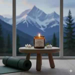 Calm meditation space with a jasmine night blooming candle, yoga mat, and a view of the Canadian Rockies in the background.