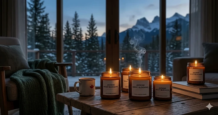 A cozy Canadian living room at dusk with jasmine night blooming candles flickering on a wooden table, overlooking a pine forest.