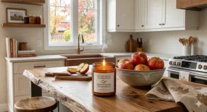 A warm Canadian kitchen counter with a bilingual spiced apple and cinnamon scented candle, near a bowl of McIntosh apples.