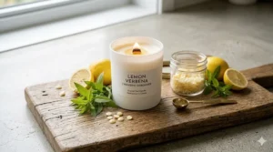 Fresh green lemon verbena leaves and citrus slices used for scenting premium hand-poured candles.