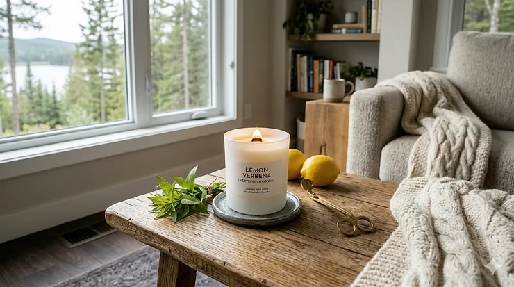 A luxury lemon verbena soy candle burning on a reclaimed wood coffee table in a bright Canadian living room with a cozy wool throw.