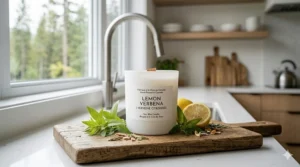 A clean, minimalist home office desk in Toronto featuring a lemon verbena candle to help with focus and clarity.