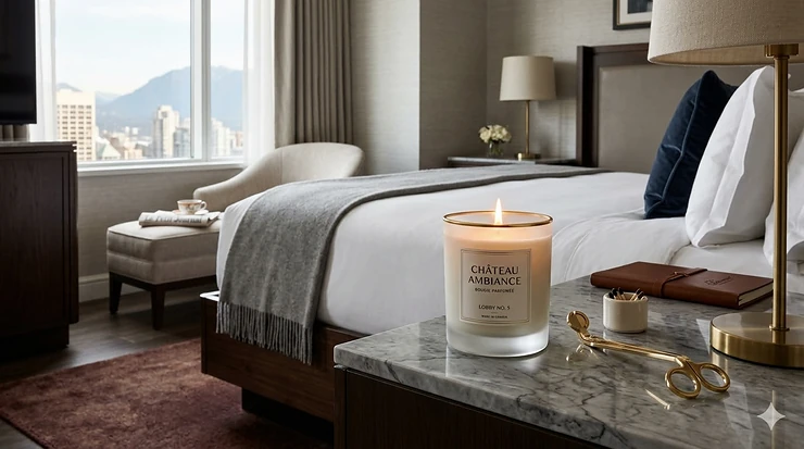 A luxury scented candle burning on a marble nightstand in a high-end Canadian hotel suite, evoking the signature aroma of world-class lobbies.