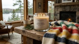 A luxury candle creating a warm atmosphere in a Canadian living room, proving they are worth the investment for home wellness.