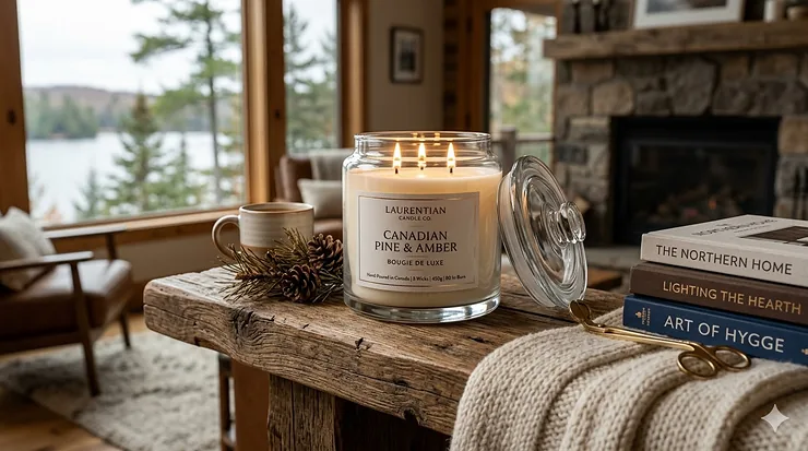 A premium hand-poured soy candle burning in a minimalist glass jar on a rustic mantel, illustrating why luxury candles are worth the money for Canadian home decor.