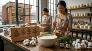 Illustration of maple leaf and botanical-themed candles produced by local Canadian candle companies.