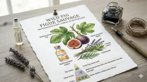 Detailed botanical illustration of sun-ripened figs and Mediterranean herbs used in wild fig candles.