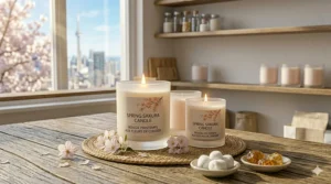 Simple, clean line art of three various-sized cherry blossom candles against a pastel background.