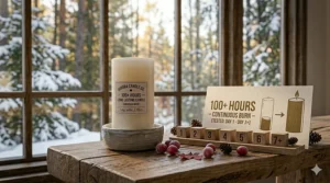Minimalist long lasting candles on a coffee table in a modern Canadian urban apartment, focusing on 100+ hour durability and clean aesthetic.