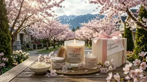 A gift-wrapped cherry blossom candle with a "Happy Mother's Day" card, popular for Canadian spring gifting.