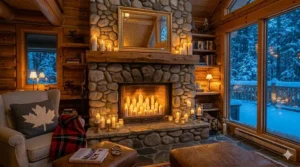 Rustic Muskoka cottage hearth glowing with fireplace candles without smoke during a snowy winter night.