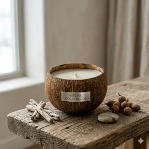 A close-up photorealistic photograph of a hand-poured candle inside a richly textured natural coconut shell with the text "NATURAL COCO DECOR," set on reclaimed wood with driftwood and seed pods.