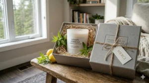 An eco-friendly lemon verbena candle with a wooden wick, highlighting sustainable home fragrance options for Canadian shoppers.