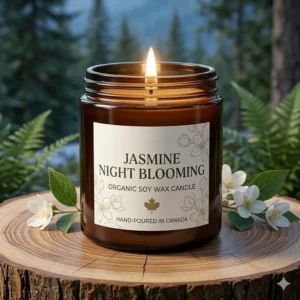 Hand-poured organic soy jasmine night blooming candle with eco-friendly packaging designed for Canadian eco-conscious shoppers.