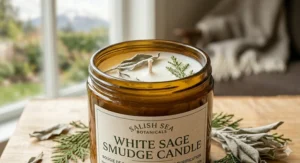 Close-up of a white sage smudge candle in a reusable glass jar, highlighting the natural wax texture and sage leaves.