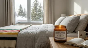 A peaceful Canadian bedroom with a bilingual lavender scented candle, a Hudson's Bay Company striped blanket, and a maple leaf mug.