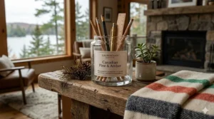 An empty designer candle jar repurposed as a stylish vase, emphasizing the sustainable value of luxury candle brands.
