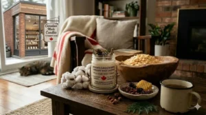 Illustration of a local Canadian storefront window displaying handmade candles to support community makers.