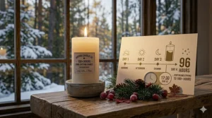 Visual timeline graphic showcasing the longevity and endurance of a 100+ hour candle over multiple days of continuous use.