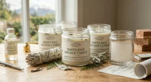 A white sage smudge candle showing a bilingual English and French label (bougie de sauge blanche) for the Canadian market.