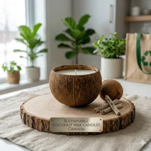 A close-up photorealistic photograph of a natural coconut shell candle on a raw pine wood slice, featuring unhusked coconut and driftwood, with a brass plaque reading "SUSTAINABLE COCONUT WAX CANDLES CANADA."