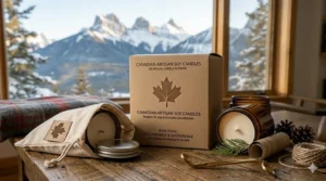 Eco-conscious packaging for soy candles featuring a maple leaf logo, emphasizing sustainable Canadian shipping practices.