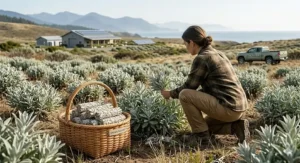 An artistic depiction of sustainably harvested white sage, emphasizing eco-friendly practices popular in Canada.