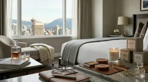 A sleek Toronto skyline view from a high-rise balcony with a luxury candle that replicates the sophisticated scent of a boutique downtown hotel.